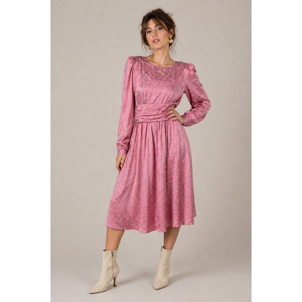 80s Midi‎ Dress Jacquard Floral Coquette Cottagecore Regency Pink Satin XXS